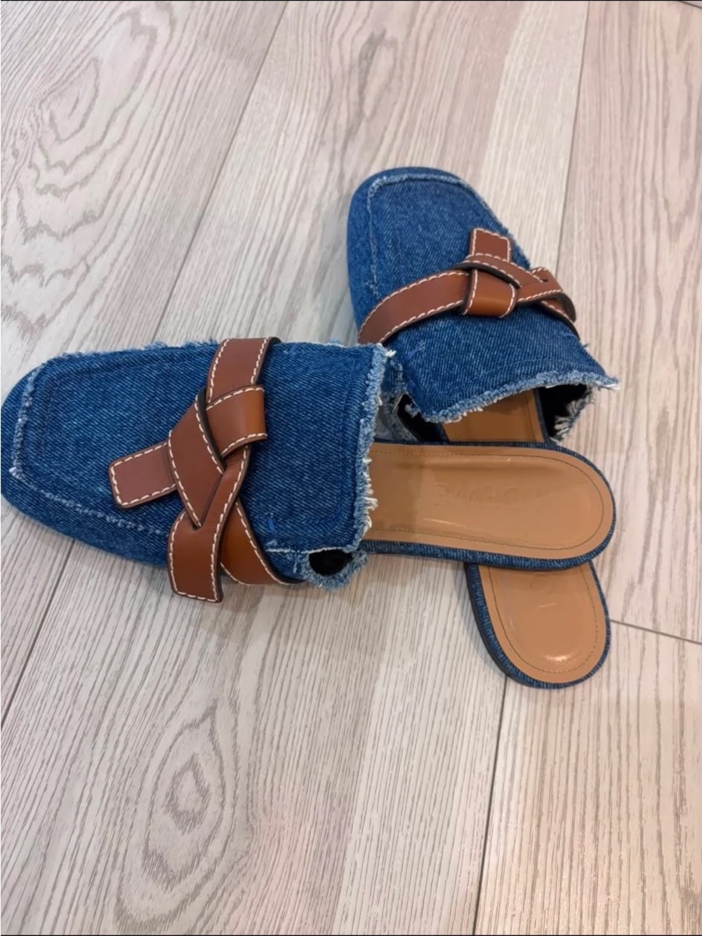 Loewe Denim Slide Mules with Brown Leather Strap